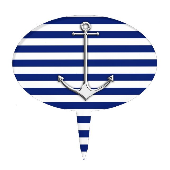 Chrome Like Thin Anchor on Nautical Stripes Cake Topper (Front)