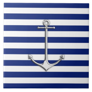 Chrome Like Thin Anchor on Nautical Stripes Ceramic Tile