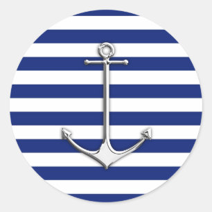 Chrome Like Thin Anchor on Nautical Stripes Classic Round Sticker
