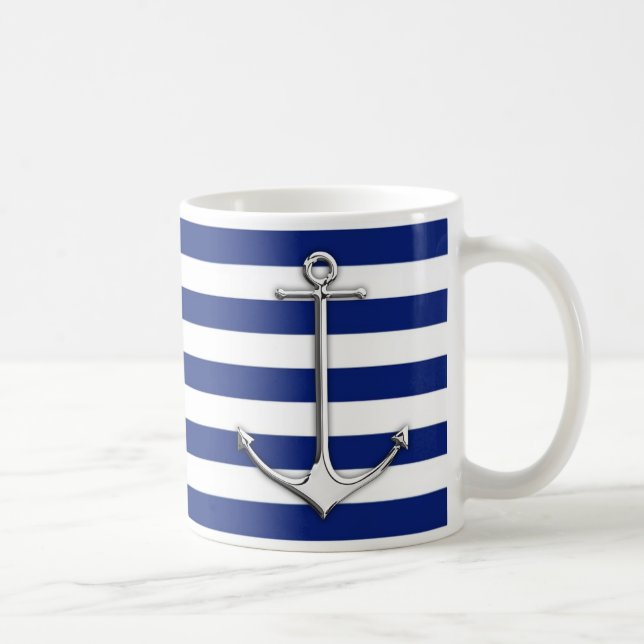 Chrome Like Thin Anchor on Nautical Stripes Decor Coffee Mug (Right)