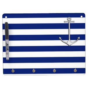 Chrome Like Thin Anchor on Nautical Stripes Decor Dry Erase Board With Keychain Holder
