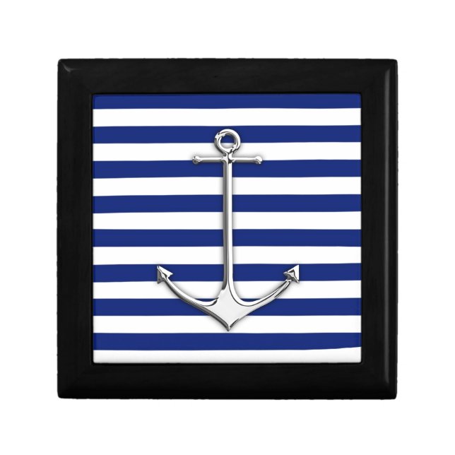 Chrome Like Thin Anchor on Nautical Stripes Gift Box (Front)
