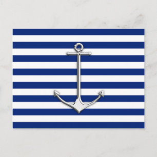 Chrome Like Thin Anchor on Nautical Stripes Postcard