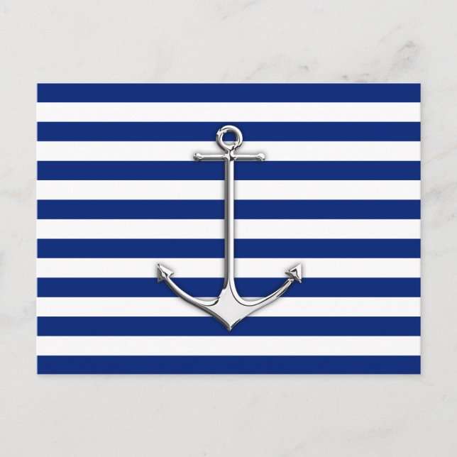Chrome Like Thin Anchor on Nautical Stripes Postcard (Front)