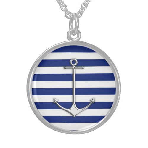 Chrome Like Thin Anchor on Nautical Stripes Sterling Silver Necklace