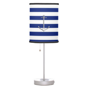 Chrome Like Thin Anchor on Navy Stripes Table Lamp