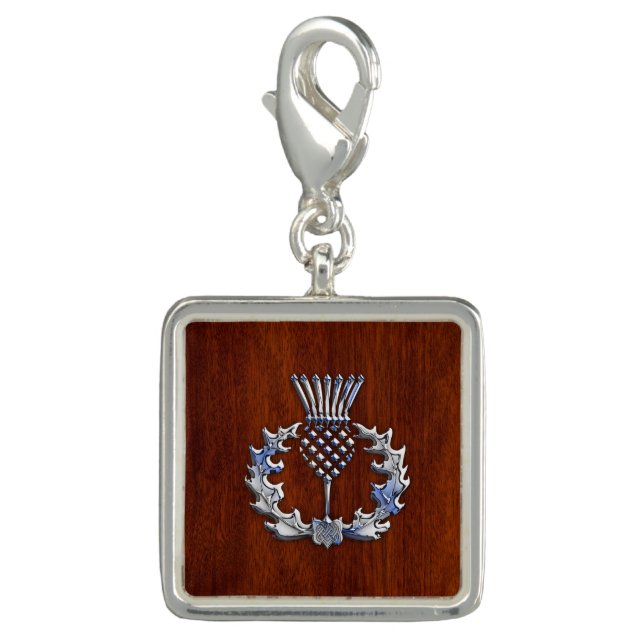 Chrome Like Thistle on Mahogany Wood Style Charm (Front)