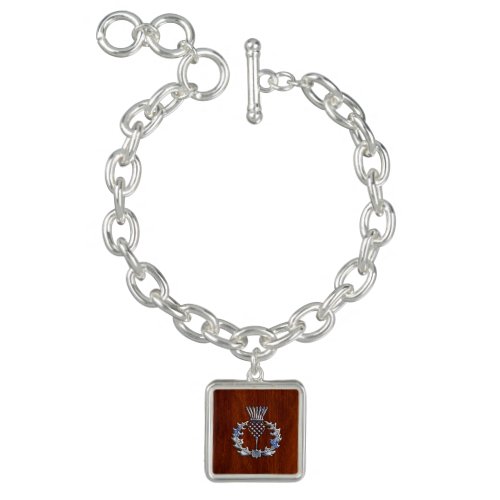 Chrome Like Thistle on Mahogany Wood Style Charm Bracelet