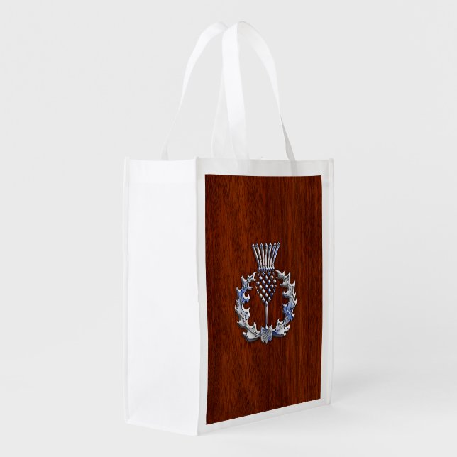 Chrome Like Thistle on Mahogany Wood Style Reusable Grocery Bag (Back Side)
