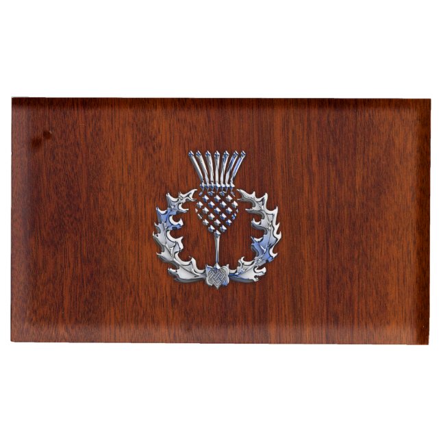 Chrome Like Thistle on Mahogany Wood Style Table Number Holder (Front)