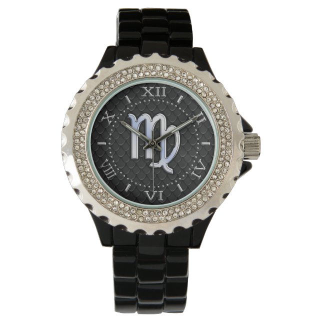Chrome Like Virgo Zodiac Sign on Black Dial Watch (Front)