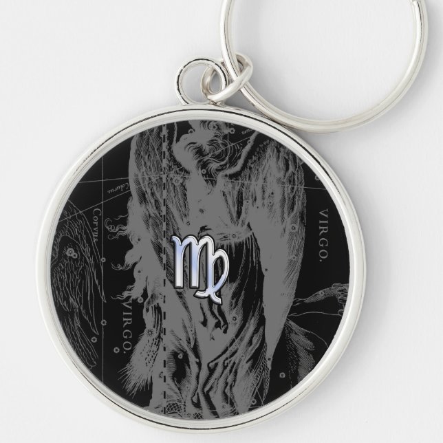 Chrome like Virgo Zodiac Sign on Black Hevelius Keychain (Front)