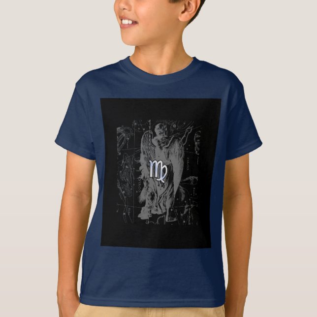 Chrome like Virgo Zodiac Sign on Black Hevelius T-Shirt (Front)