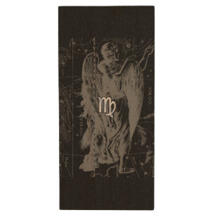 Chrome like Virgo Zodiac Sign on Black Hevelius Wood USB Flash Drive