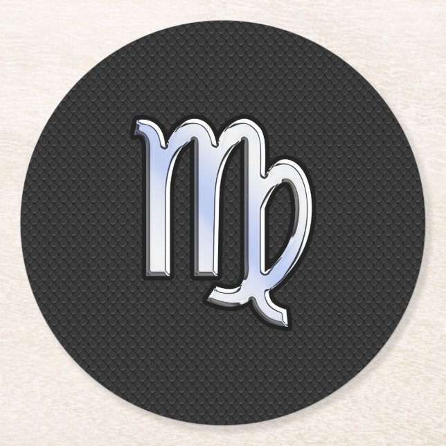 Chrome Like Virgo Zodiac Sign on Black snake skin Round Paper Coaster (Front)