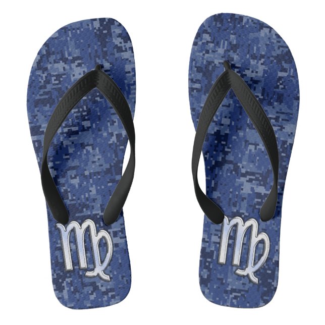 Chrome Like Virgo Zodiac Sign on Blue Digital Camo Flip Flops (Footbed)