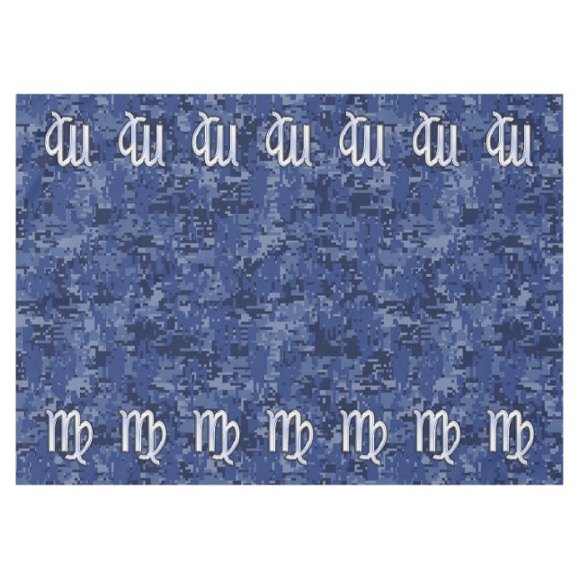 Chrome Like Virgo Zodiac Sign on Blue Digital Camo Tablecloth (Front (Horizontal))