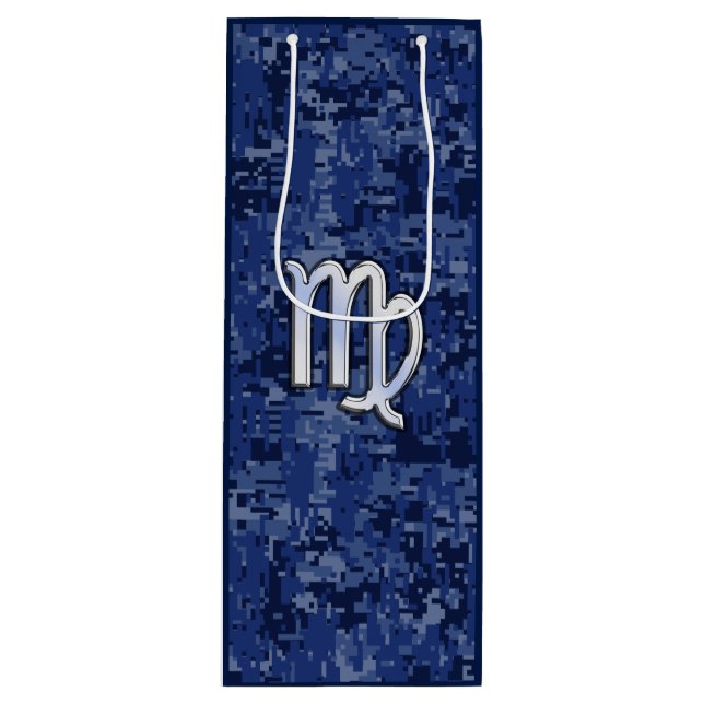 Chrome Like Virgo Zodiac Sign on Blue Digital Camo Wine Gift Bag (Front)