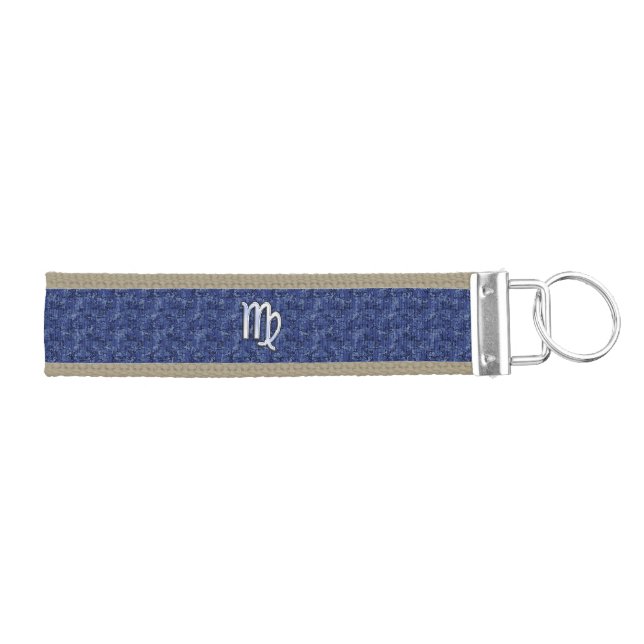 Chrome Like Virgo Zodiac Sign on Blue Digital Camo Wrist Keychain (Keys on Right)