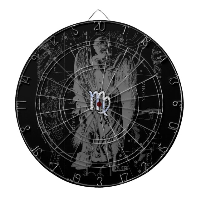 Chrome like Virgo Zodiac Sign on Hevelius in Black Dartboard (Front)