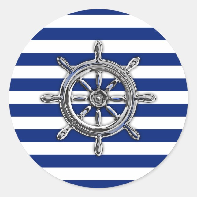 Chrome Like Wheel on Nautical Stripes Classic Round Sticker (Front)
