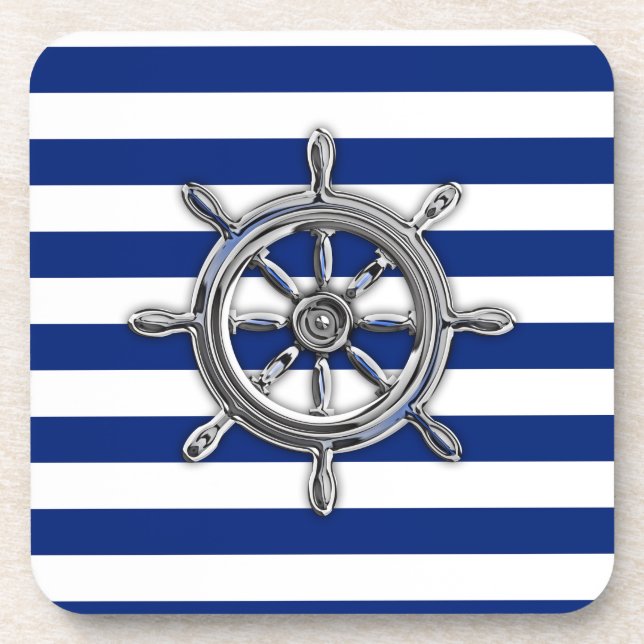 Chrome Like Wheel on Nautical Stripes Drink Coaster (Front)