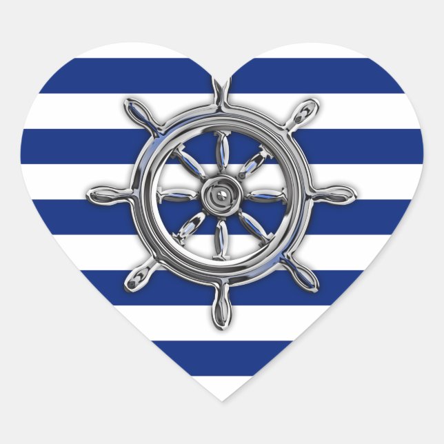 Chrome Like Wheel on Nautical Stripes Heart Sticker (Front)