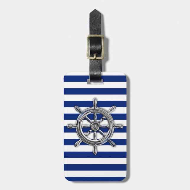 Chrome Like Wheel on Nautical Stripes Luggage Tag (Front Vertical)