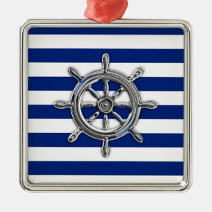 Chrome Like Wheel on Nautical Stripes Metal Ornament