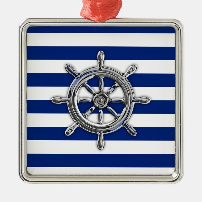 Chrome Like Wheel on Nautical Stripes Metal Ornament (Front)