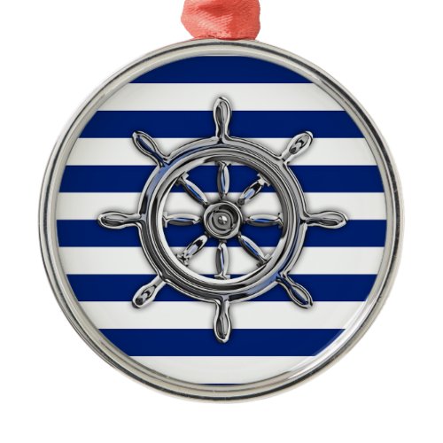 Chrome Like Wheel on Nautical Stripes Metal Ornament