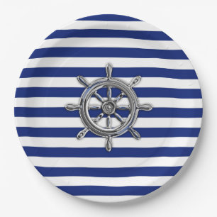 Chrome Like Wheel on Nautical Stripes Paper Plates