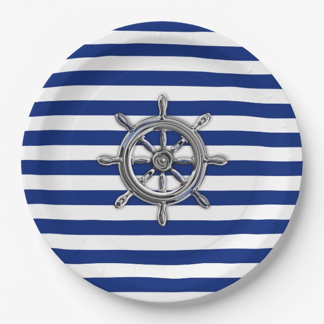 Chrome Like Wheel on Nautical Stripes Paper Plates (Front)