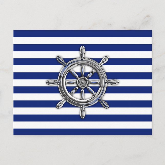 Chrome Like Wheel on Nautical Stripes Postcard (Front)