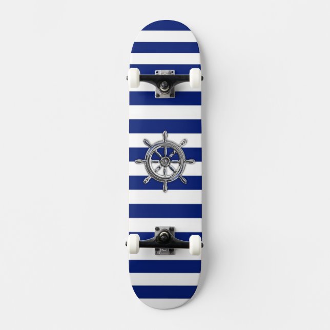 Chrome Like Wheel on Nautical Stripes Skateboard Deck (Front)