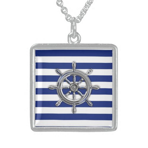 Chrome Like Wheel on Nautical Stripes Sterling Silver Necklace