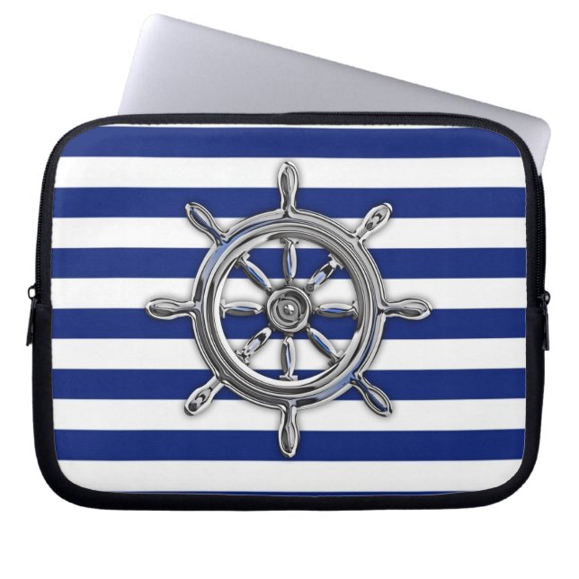 Chrome Like Wheel on Navy Stripes Laptop Sleeve (Front)