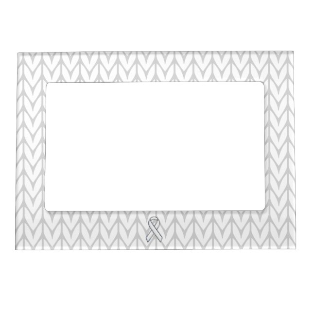Chrome Like White Knit Ribbon Awareness Print Magnetic Frame (Front)