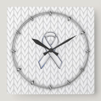 Chrome Like White Knit Ribbon Awareness Print Square Wall Clock