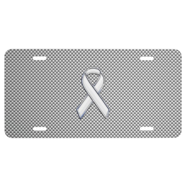 Chrome Like White Ribbon Awareness Carbon Fiber License Plate (Front)