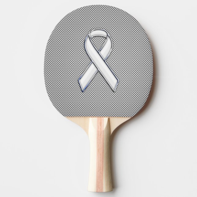 Chrome Like White Ribbon Awareness Carbon Fiber Ping-Pong Paddle (Front)