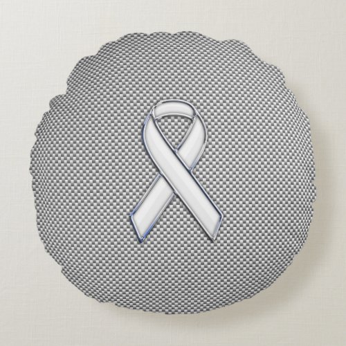 Chrome Like White Ribbon Awareness Carbon Fiber Round Pillow