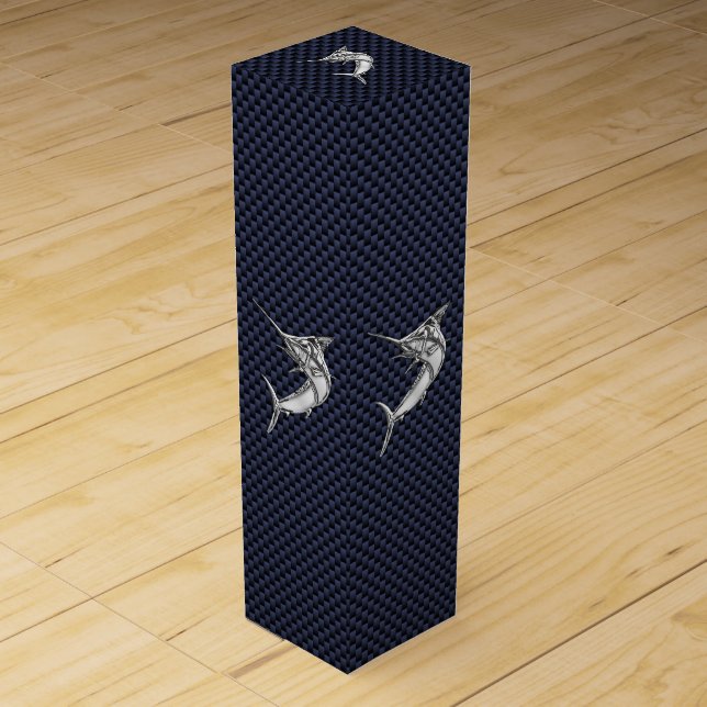 Chrome Marlin Fish on Carbon Fiber Print Wine Gift Box (Front)