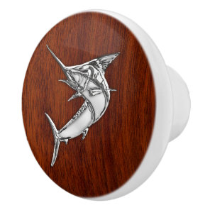 Chrome Marlin Fish on Mahogany Grain Print Ceramic Knob
