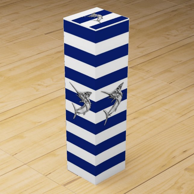 Chrome Marlin Fish on Navy Stripes Wine Box (Front)
