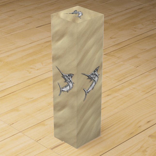 Chrome Marlin Fish on Sandy Beach Wine Gift Box (Front)