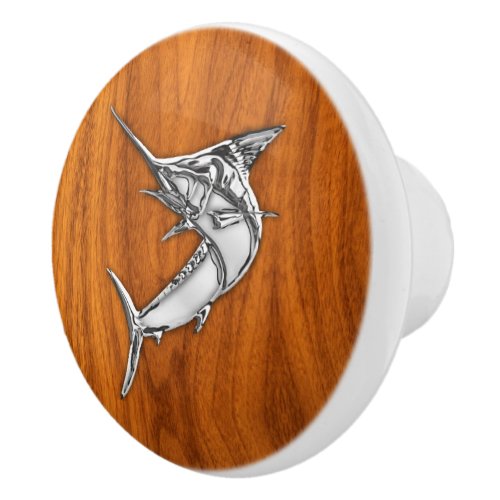 Chrome Marlin Fish on Teak Wood Grain Print Ceramic Knob