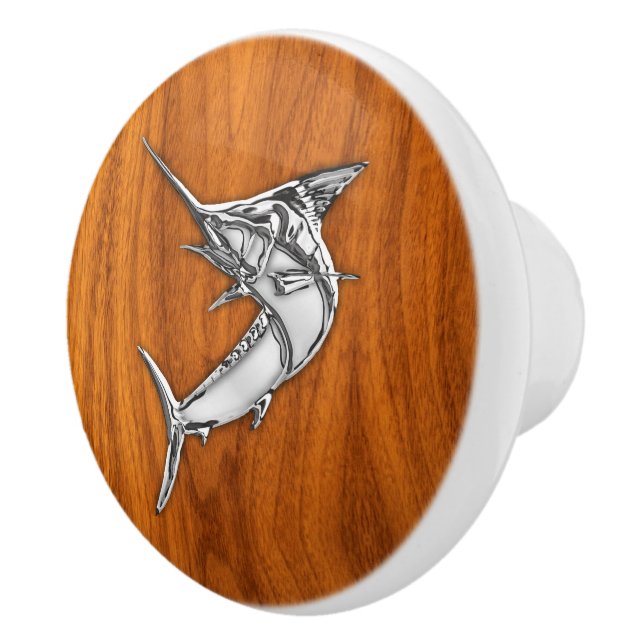 Chrome Marlin Fish on Teak Wood Grain Print Ceramic Knob (Right)