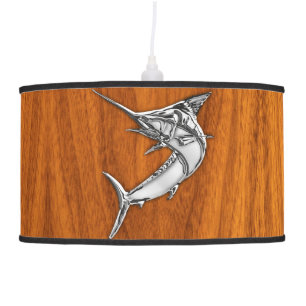 Chrome Marlin Fish on Teak Wood Hanging Lamp