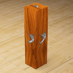 Chrome Marlin Fish on Teak Wood Veneer Print Wine Box